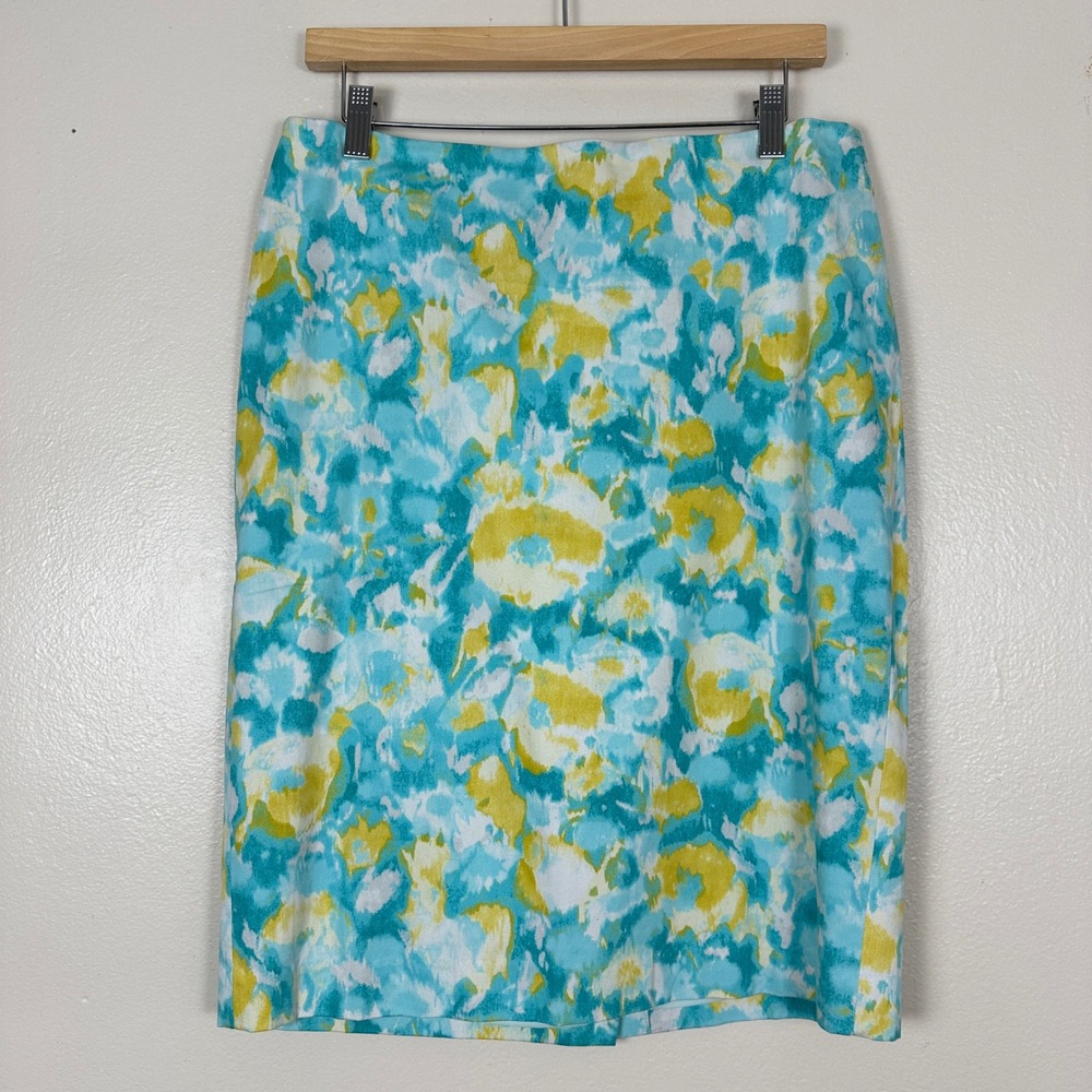 Talbots Women's Size 10 Pencil Skirt Turquoise Yellow Watercolor‎ Floral Cotton